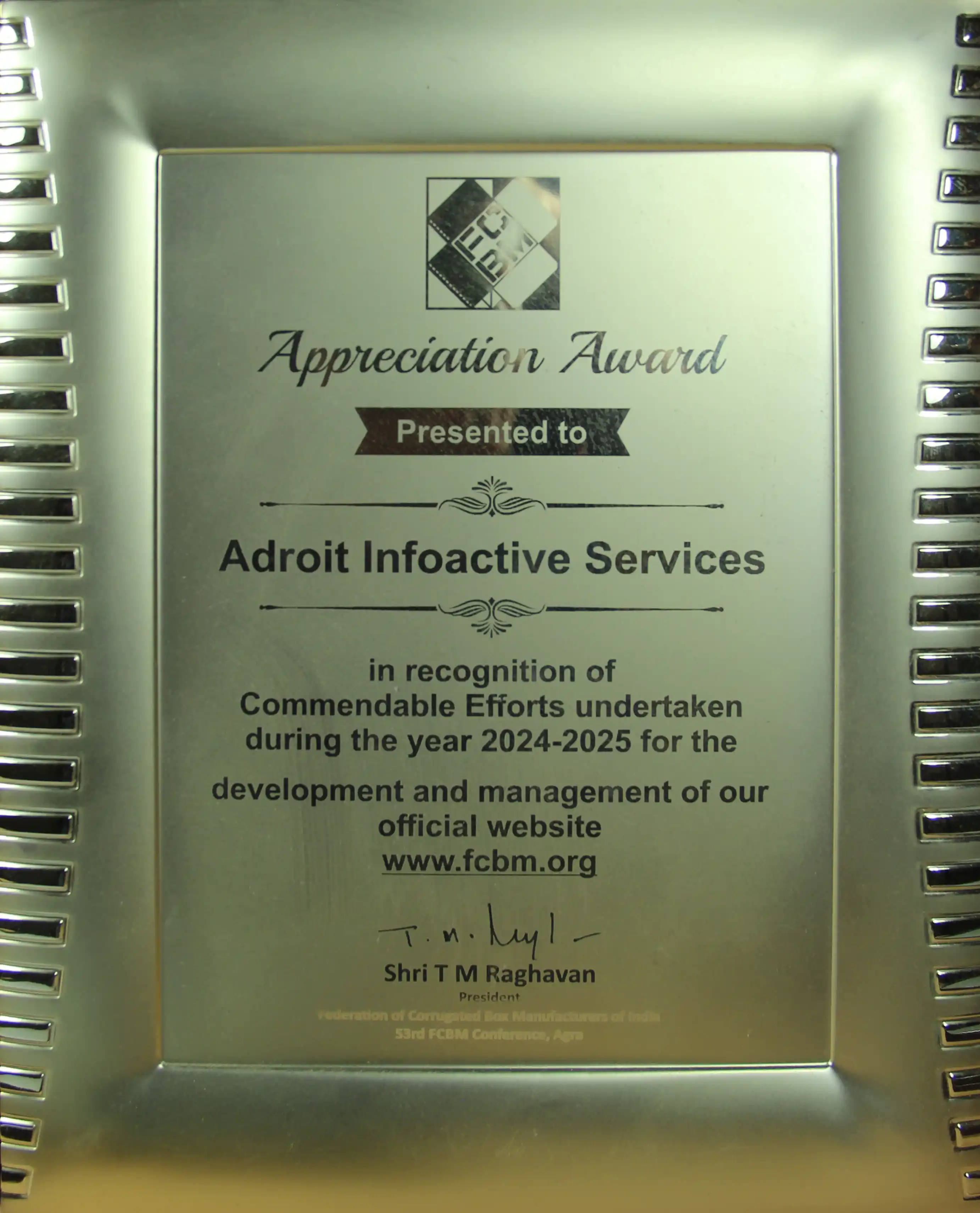 FCBM Federation of Corrugated Box Manufacturers of India appreciation award to Adroit Infoactive for website development and management