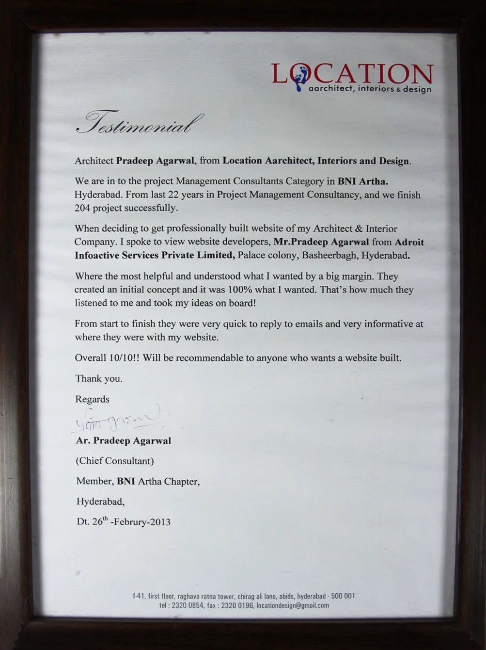 Location Aarchitect testimonial