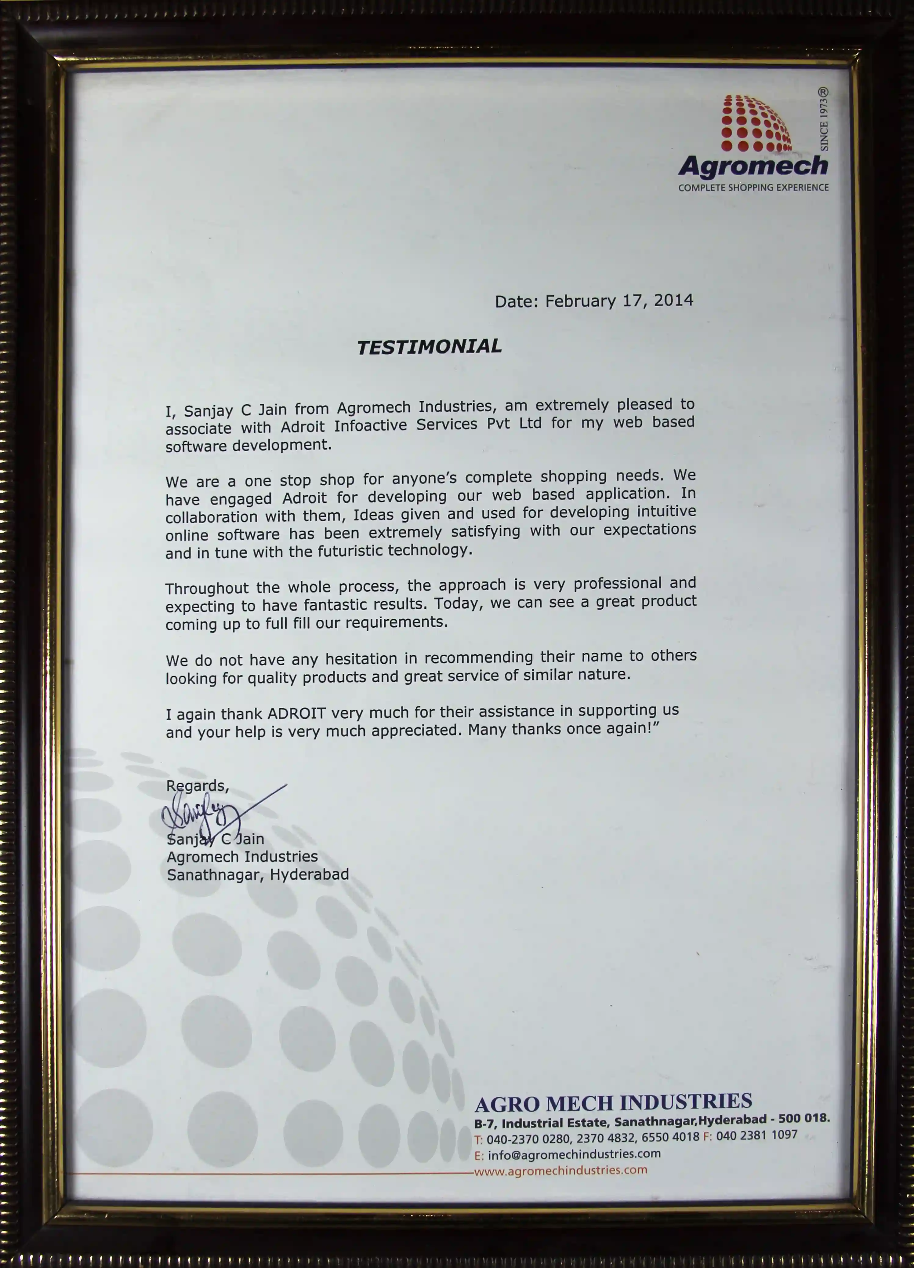 Agromech Industries testimonial