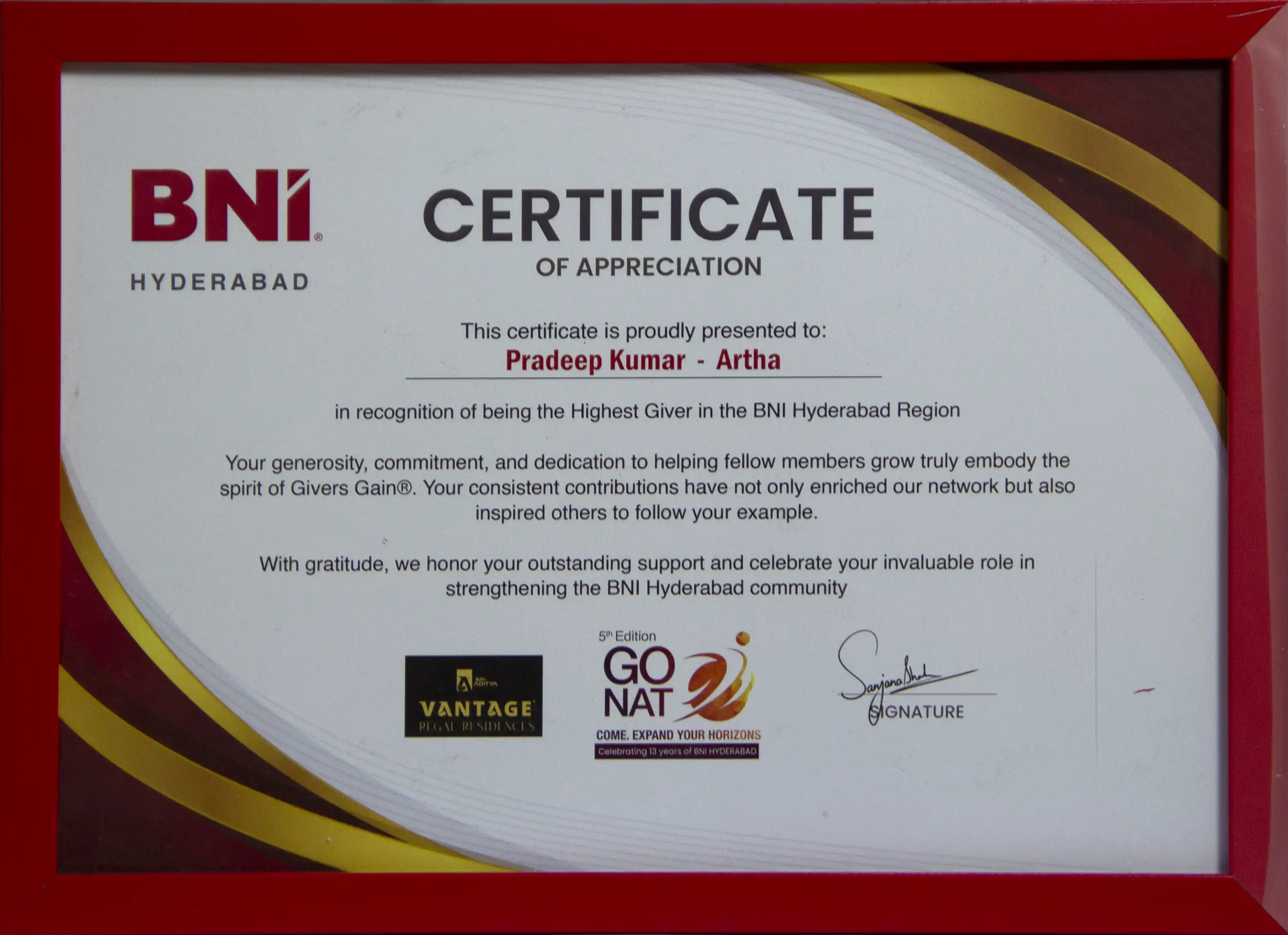 BNI Hyderabad certificate recognizing Pradeep Kumar of Adroit Infoactive as Highest Giver in the region