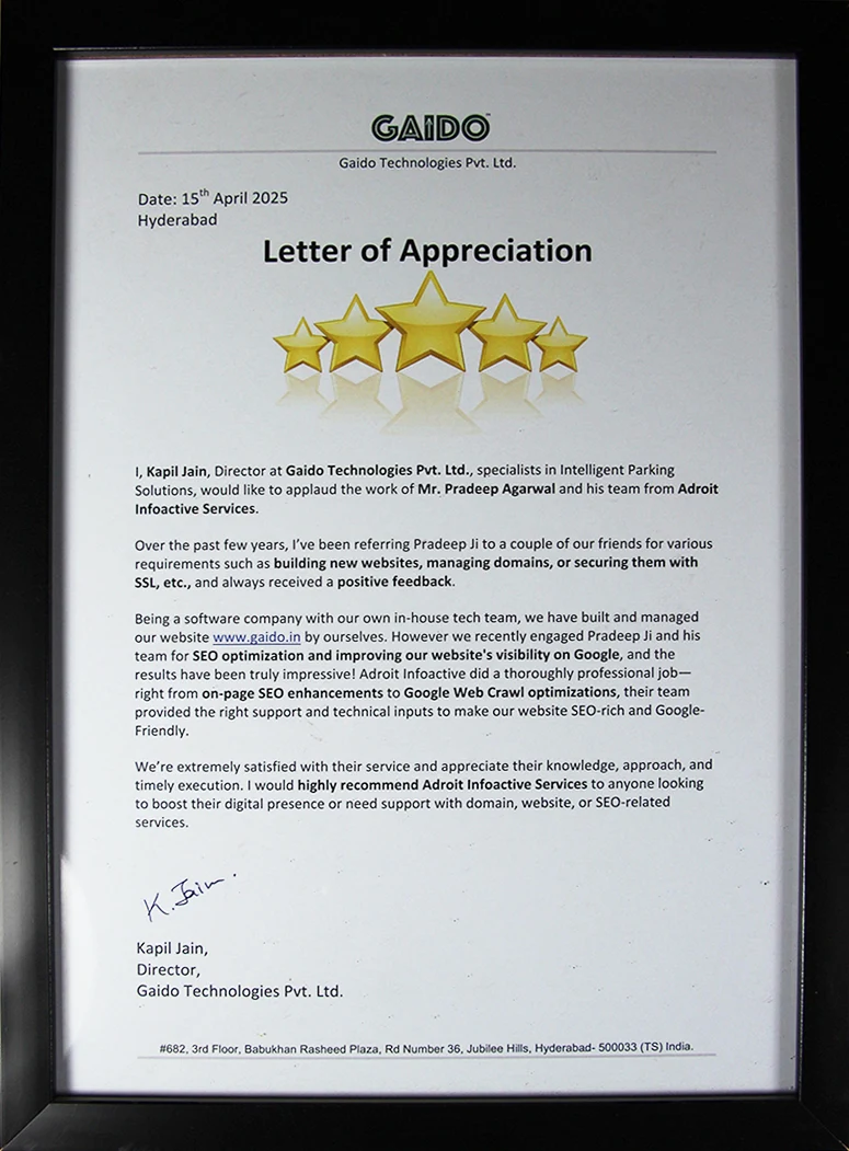 Kapil Jain Director of Gaido Technologies letter of appreciation for Adroit Infoactive SEO and Google visibility services