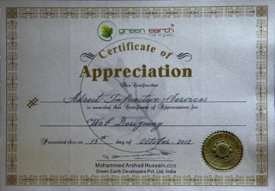 Green Earth Developers certificate of appreciation awarded to Adroit Infoactive for web designing services
