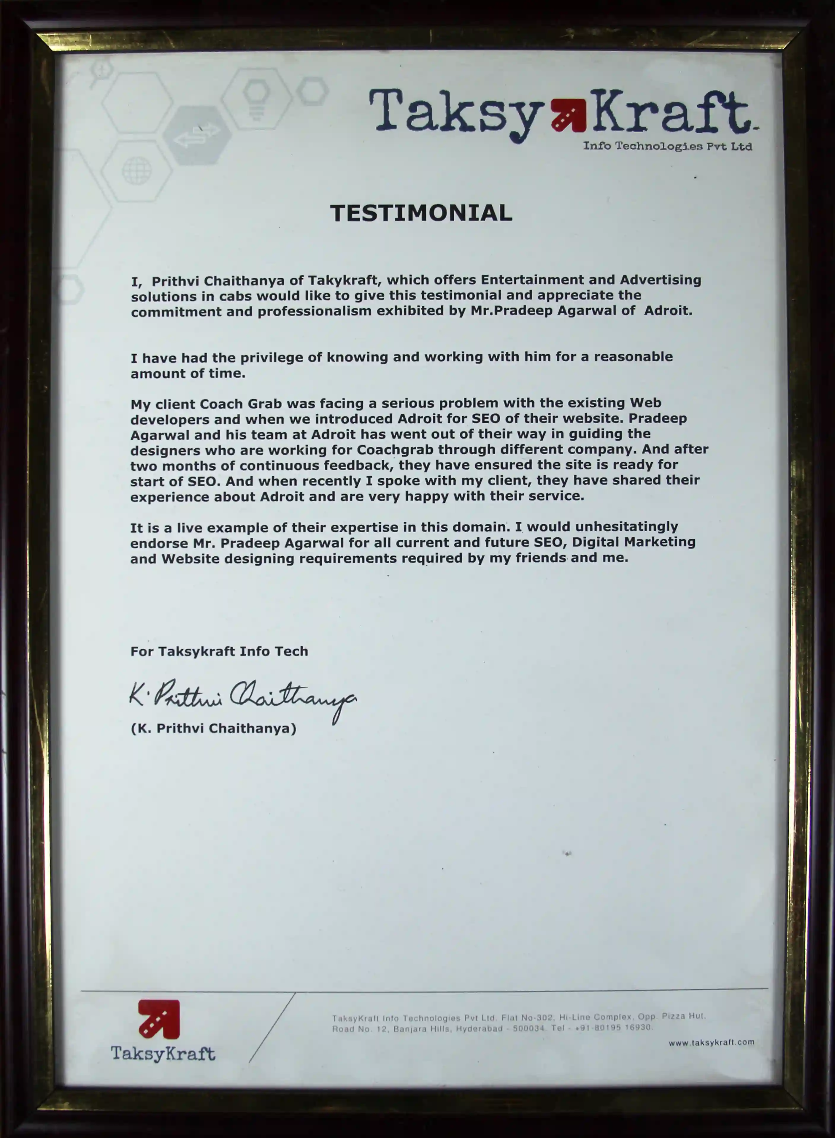 K. Prithvi Chaithanya of TaksyKraft testimonial endorsing Adroit Infoactive for SEO and digital marketing services