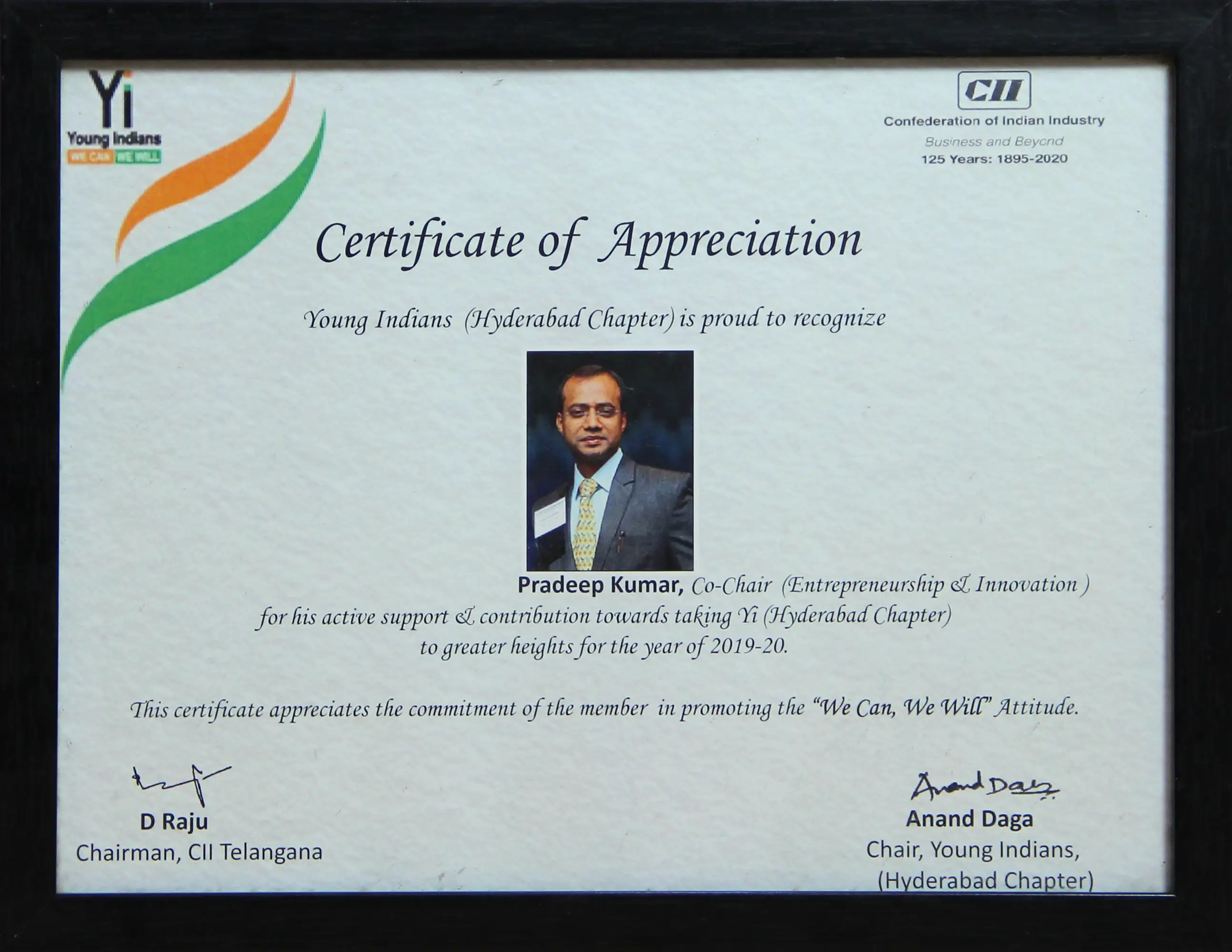 Young Indians CII Hyderabad certificate recognizing Pradeep Kumar of Adroit Infoactive as Co-Chair of Entrepreneurship and Innovation