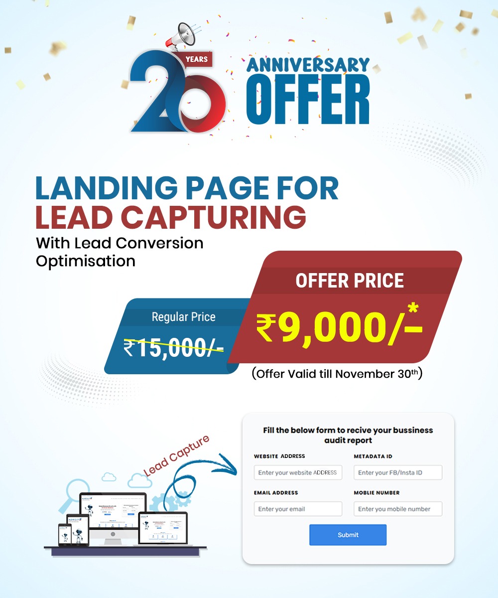 25th Anniversary Offer – Landing Page Design for Lead Capturing and Conversion Optimization. Special discounted price ₹9,000 instead of ₹15,000. Offer valid till November 30