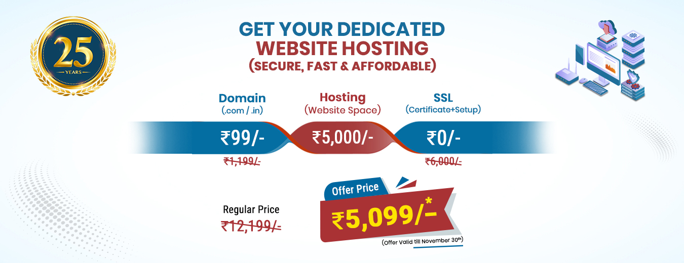 Visual representation of domain registration and management, featuring a diagram of domain names, DNS, and hosting services.